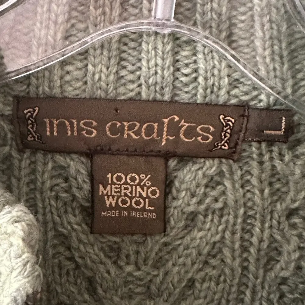Inis Crafts Full Zip Fishermans Cardigan Womens Large Green Merino Wool Sweater